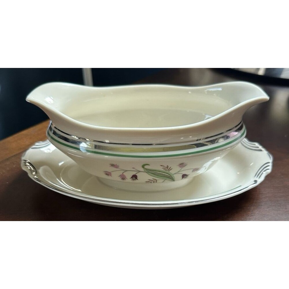 Syracuse Old Ivory Coralbel Gravy Boat with Attached Tray Silver Trim